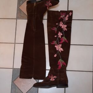 ASH Floral Embroidered Brown Suede Over-the-Knee Boots Sz 37m